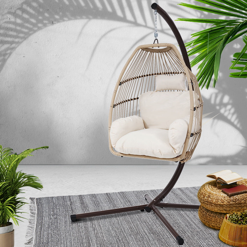 Outdoor Chairs: Gardeon Outdoor Egg Swing Chair Hanging Chair Wicker Rope Pod Stand Cushion Latte