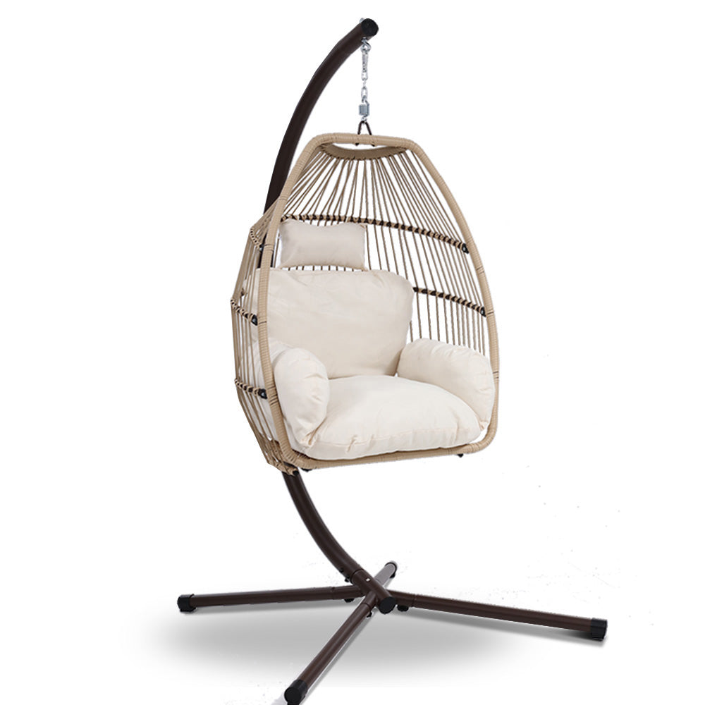 Outdoor Chairs: Gardeon Outdoor Egg Swing Chair Hanging Chair Wicker Rope Pod Stand Cushion Latte