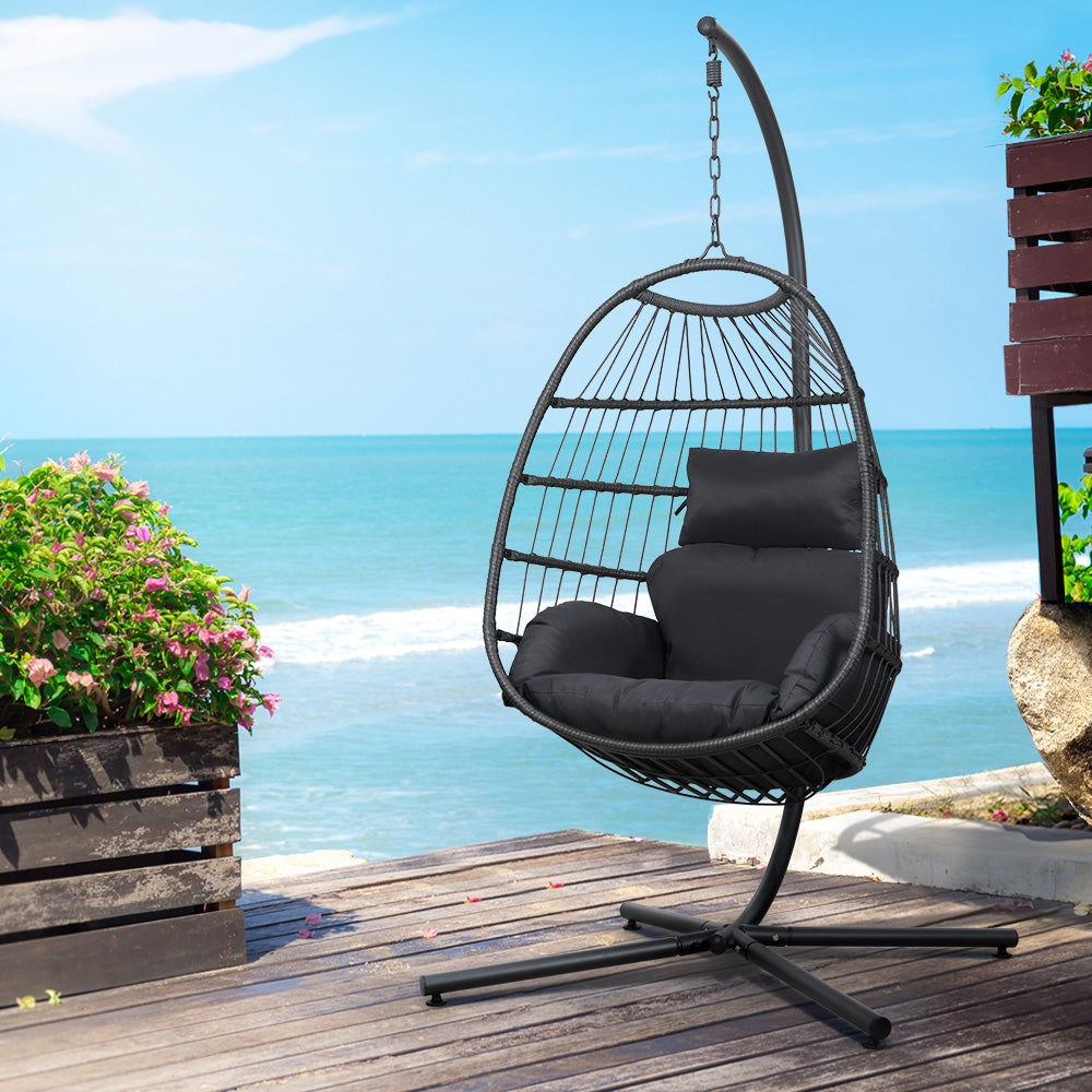 Outdoor Chairs: Gardeon Outdoor Egg Swing Chair Hanging Chair Wicker Rope Pod Stand Foldable Grey