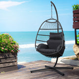 Outdoor Chairs: Gardeon Outdoor Egg Swing Chair Hanging Chair Wicker Rope Pod Stand Foldable Grey