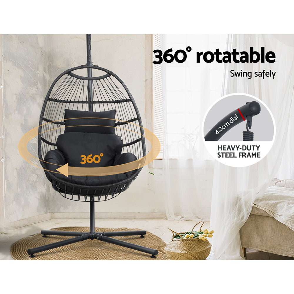Outdoor Chairs: Gardeon Outdoor Egg Swing Chair Hanging Chair Wicker Rope Pod Stand Foldable Grey