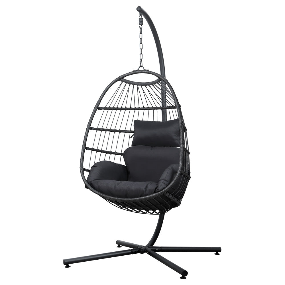 Outdoor Chairs: Gardeon Outdoor Egg Swing Chair Hanging Chair Wicker Rope Pod Stand Foldable Grey