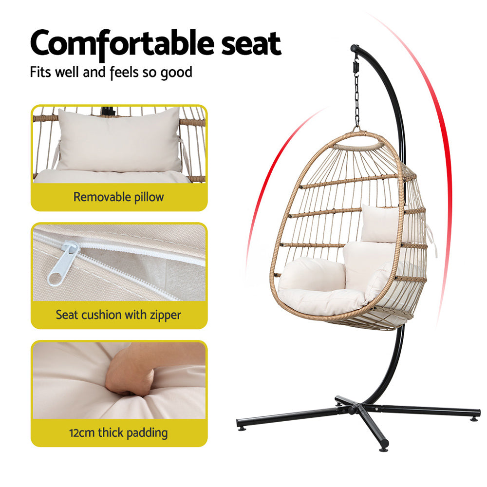 Outdoor Chairs: Gardeon Outdoor Egg Swing Chair Wicker Rope Furniture Pod Stand Foldable Yellow