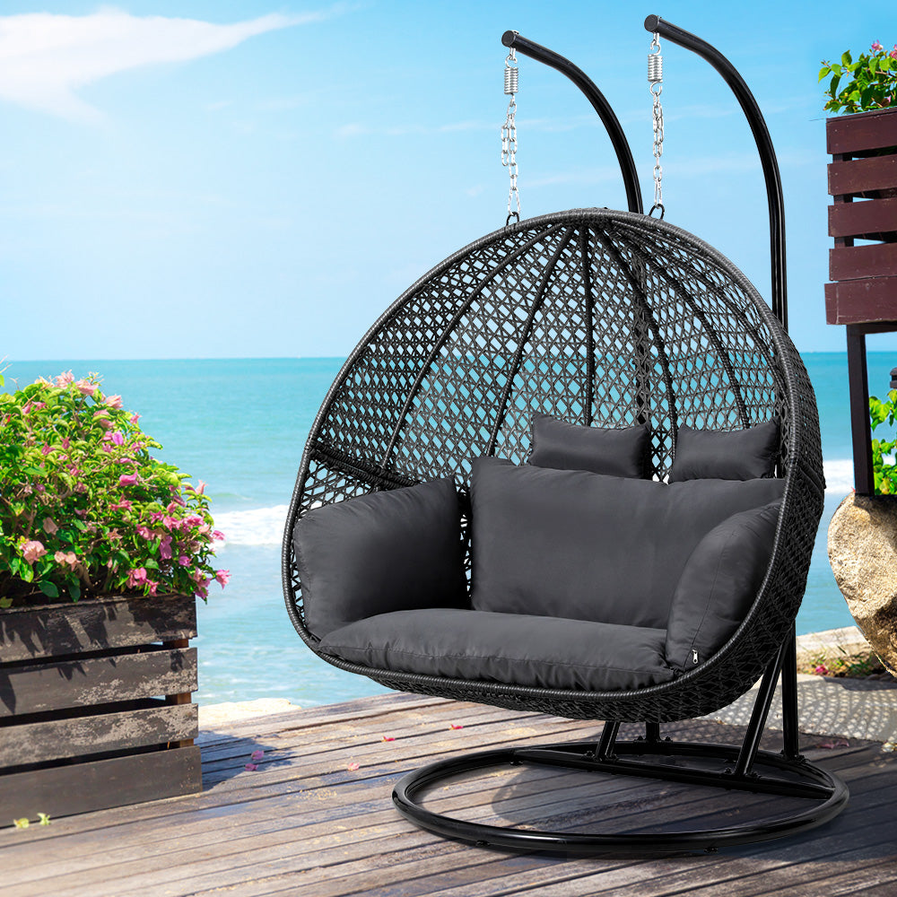 Outdoor Chairs: Gardeon Outdoor Egg Swing Chair Wicker Furniture Pod Stand Cushion 2 Seater Grey