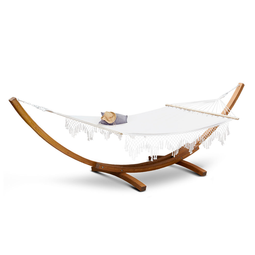 Hammocks & Accessories: Gardeon Hammock Bed Outdoor Camping Garden Tassel Timber Hammock White
