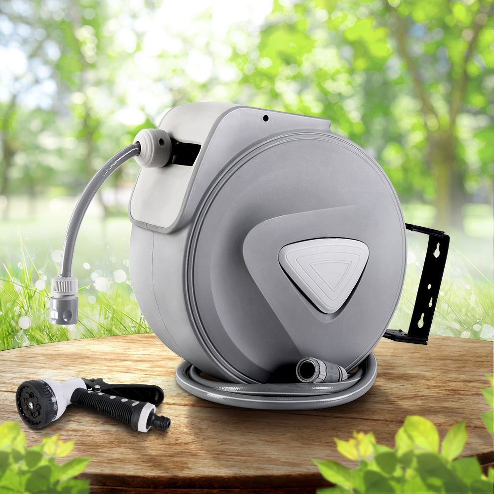 Garden Hoses: Water Hose Reel 10M Retractable Auto Rewind Garden Spray Gun