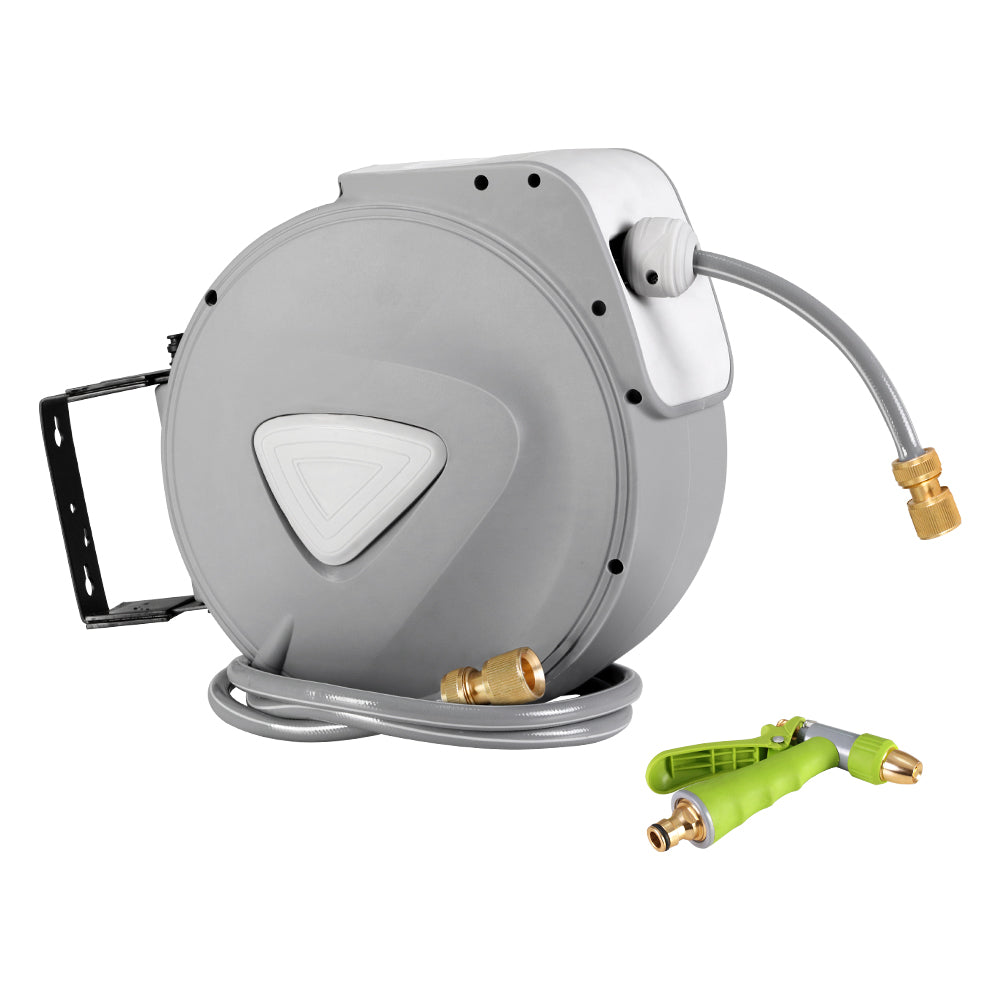 Garden Hoses: Water Hose Reel 20M Retractable Auto Rewind Garden Brass Spray Gun