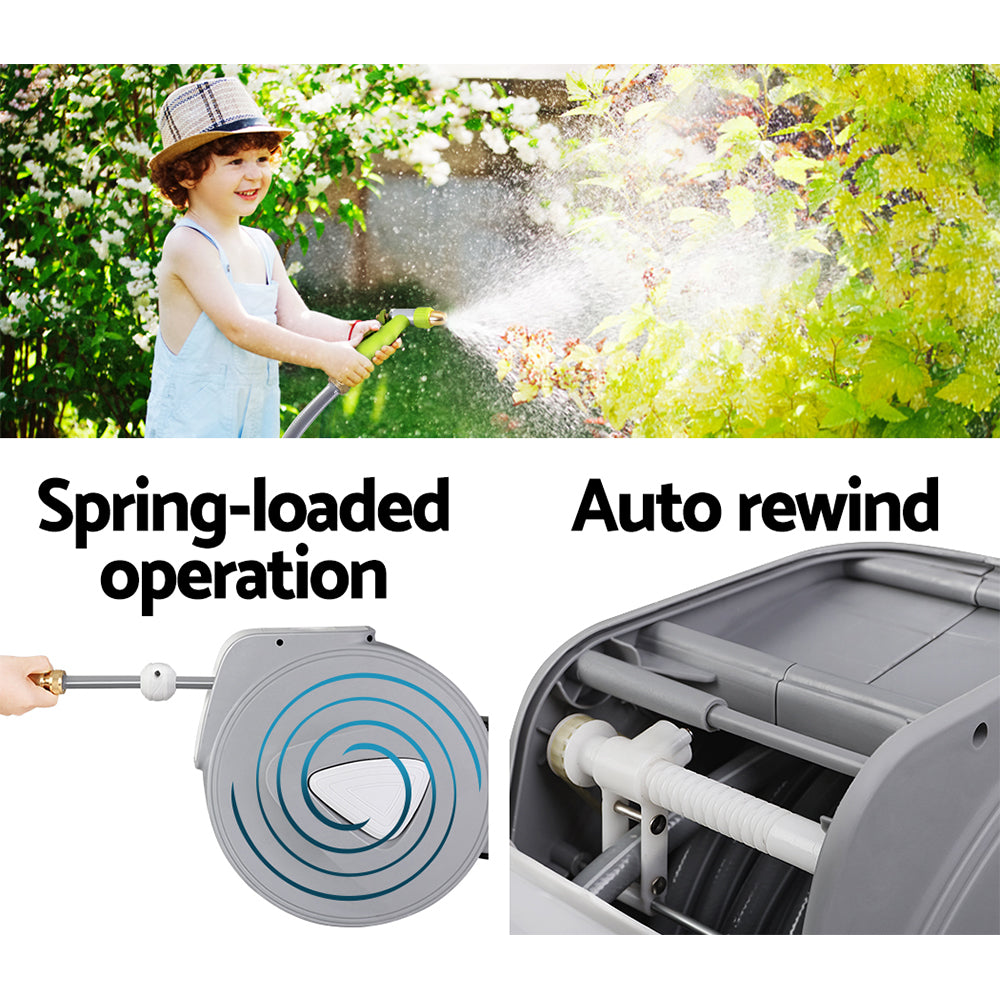 Garden Hoses: Water Hose Reel 20M Retractable Auto Rewind Garden Brass Spray Gun