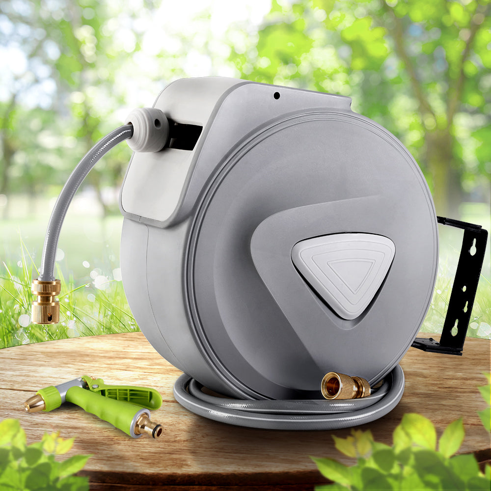 Garden Hoses: Water Hose Reel 20M Retractable Auto Rewind Garden Brass Spray Gun