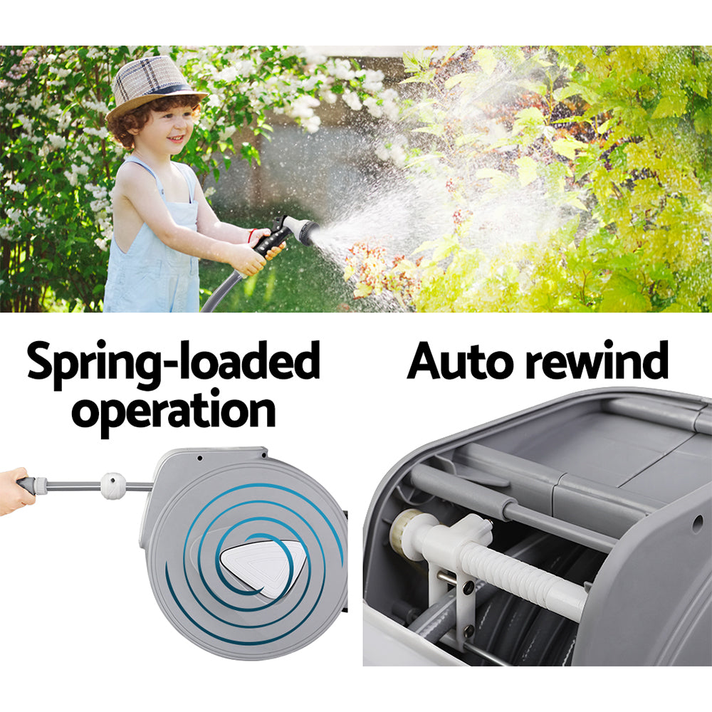 Garden Hoses: Water Hose Reel 20M Retractable Auto Rewind Spray Gun Garden