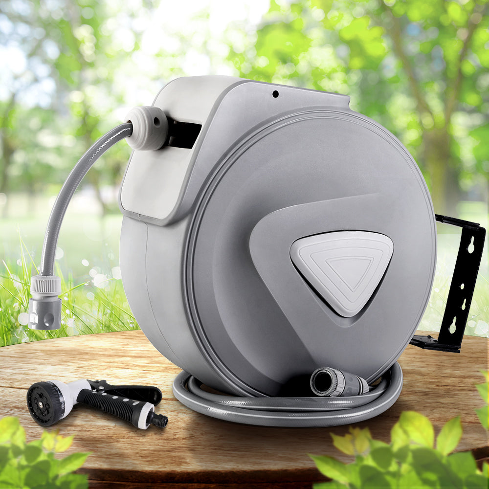 Garden Hoses: Water Hose Reel 20M Retractable Auto Rewind Spray Gun Garden