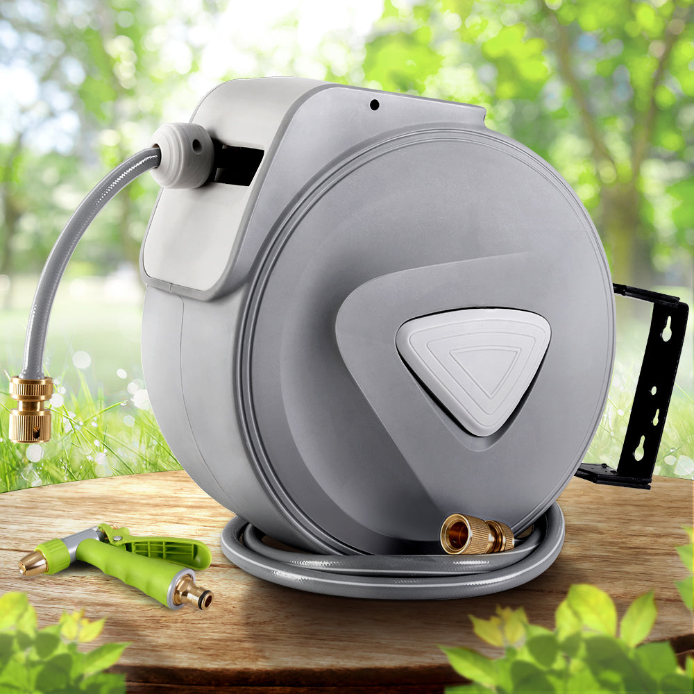 Garden Hoses: Water Hose Reel 30M Retractable Garden Auto Rewind Brass Spray Gun