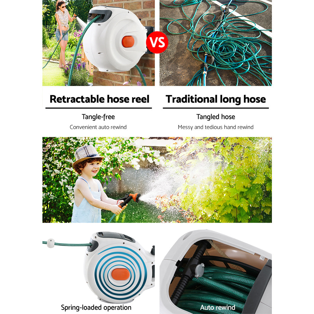 Garden Hoses: Greenfingers Water Hose Reel 20M Retractable Garden Spray Gun Auto Rewind