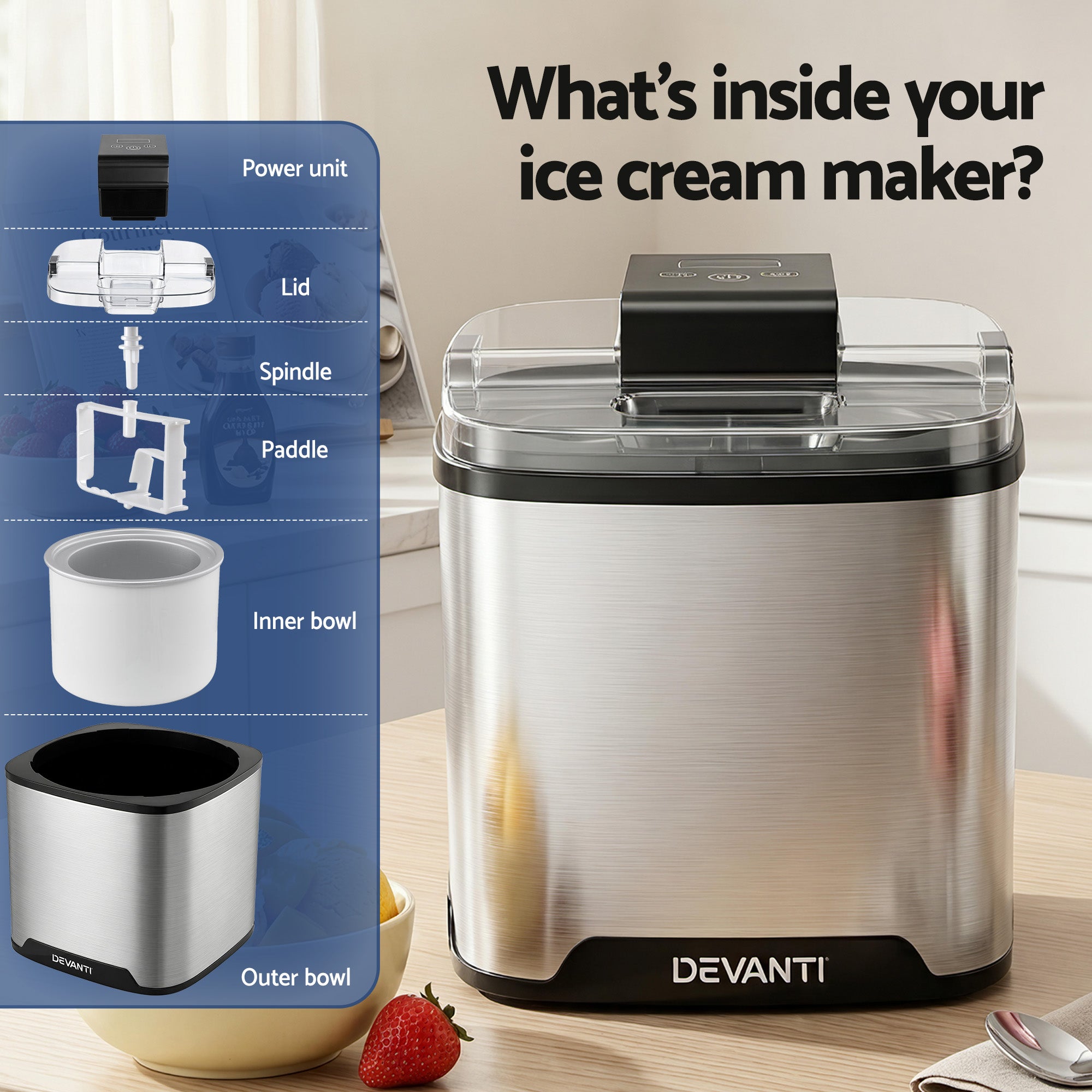 Devanti Ice Cream Maker Machine 2L Homemade Gelato Sorbet Frozen Drinks Sliver