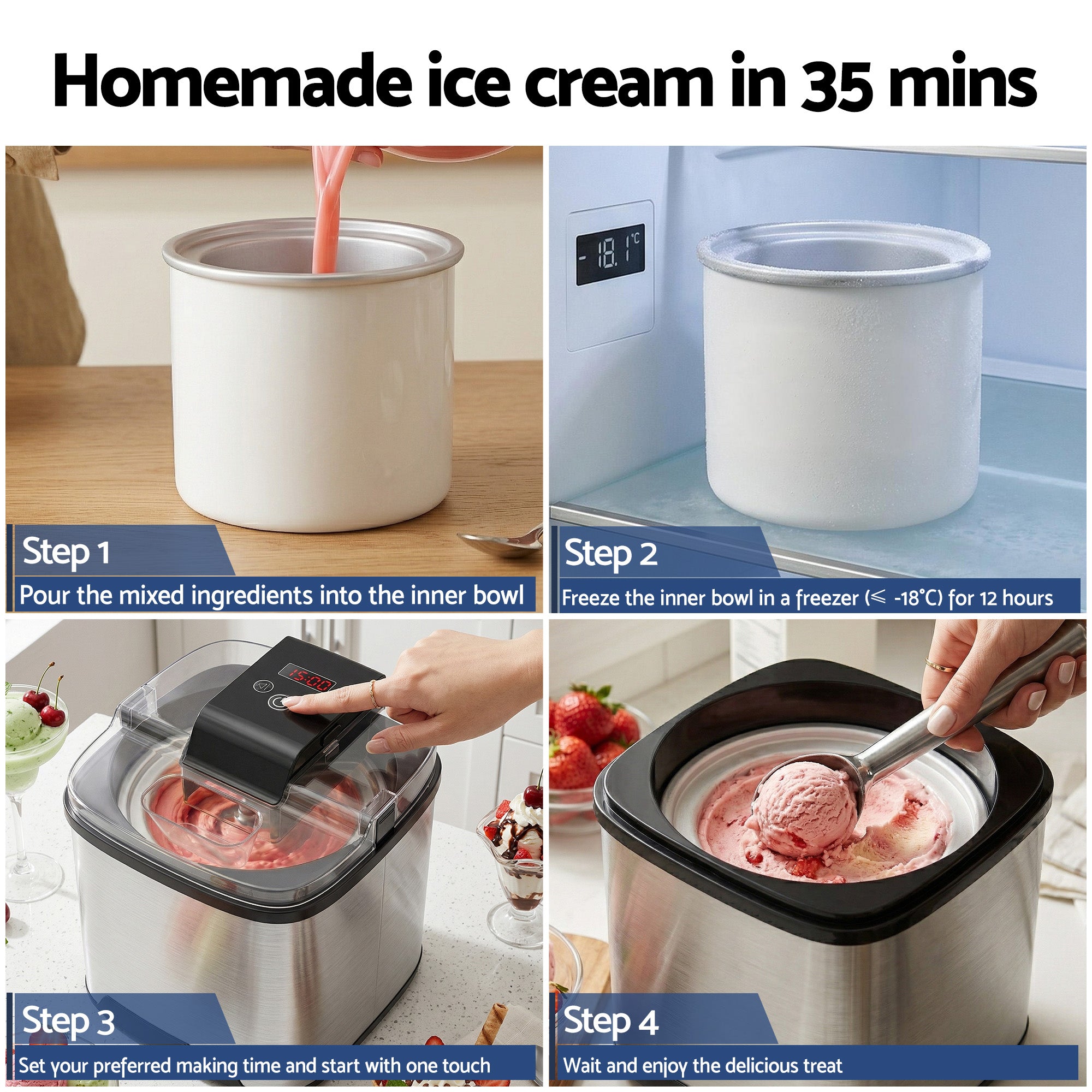 Devanti Ice Cream Maker Machine 2L Homemade Gelato Sorbet Frozen Drinks Sliver