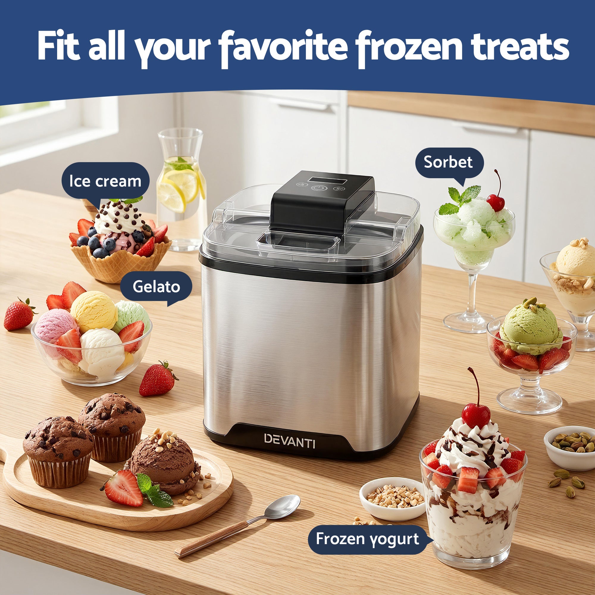 Devanti Ice Cream Maker Machine 2L Homemade Gelato Sorbet Frozen Drinks Sliver