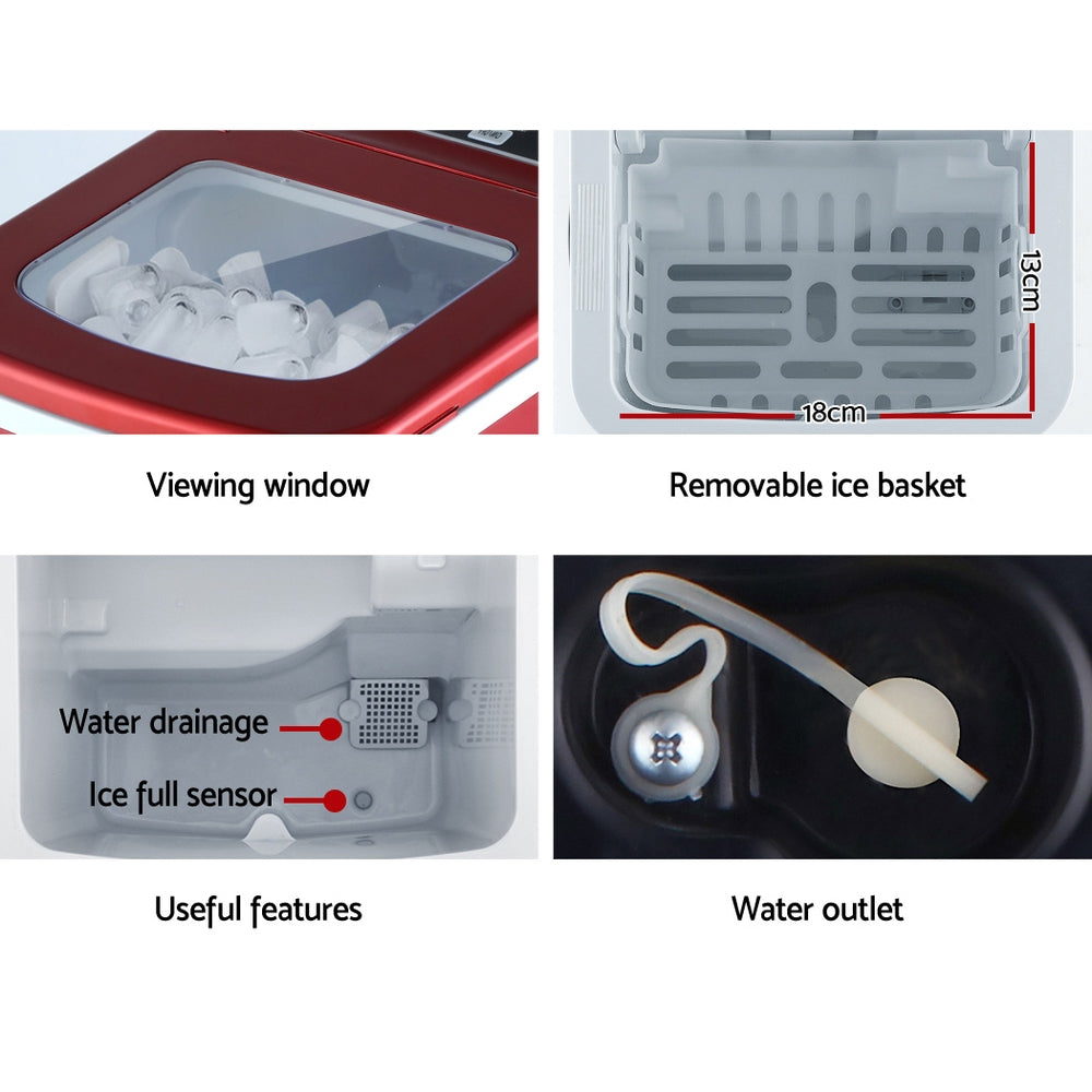 Ice Makers: DEVANTi Portable Ice Cube Maker Machine 2L Home Bar Benchtop Easy Quick Red