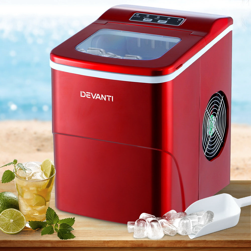 Ice Makers: DEVANTi Portable Ice Cube Maker Machine 2L Home Bar Benchtop Easy Quick Red