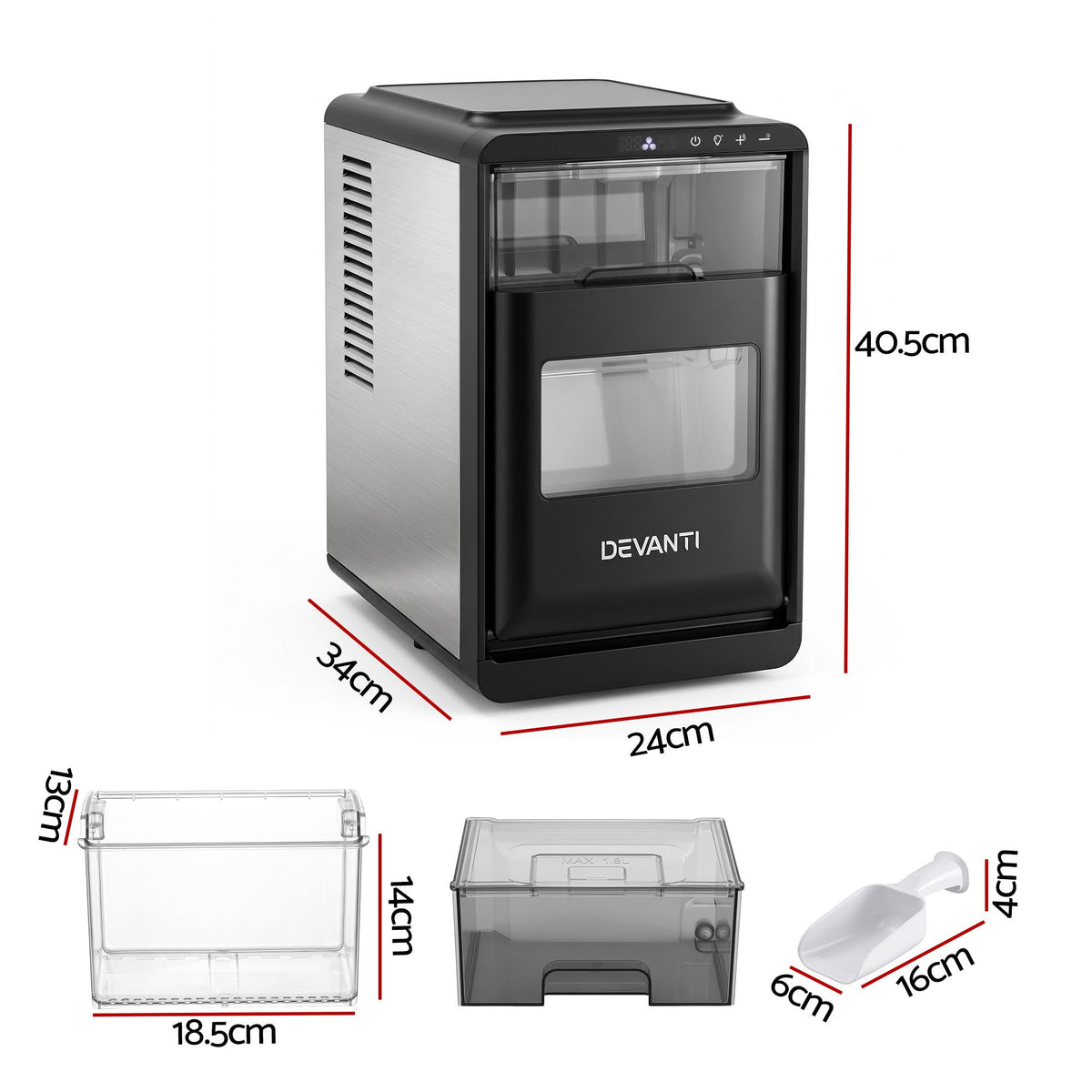Devanti Ice Maker Crescent Ice 16pcs Countertop Machine 12KG/24H for Home