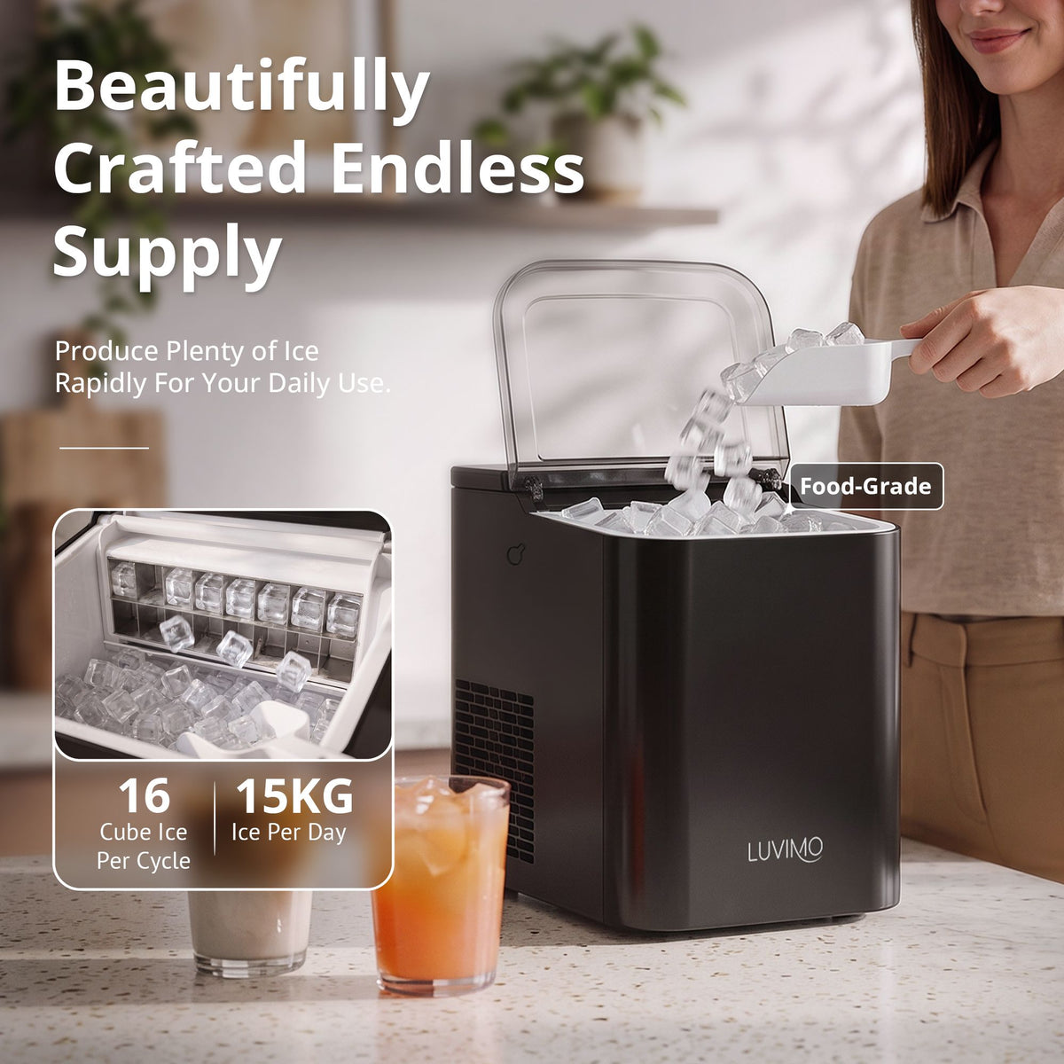 LUVIMO 15kg Ice Maker Machine Double Open Cover Deep Clean - Black