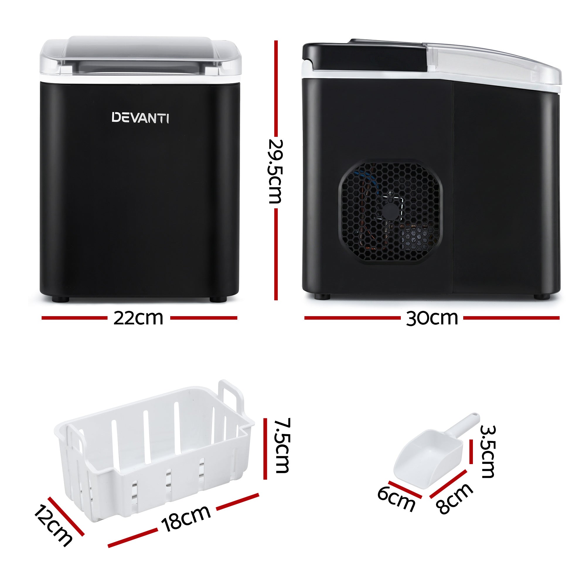 Ice Makers: Devanti Ice Maker Machine Portable 12kg Countertop w/Self Cleaning 1.2L Black