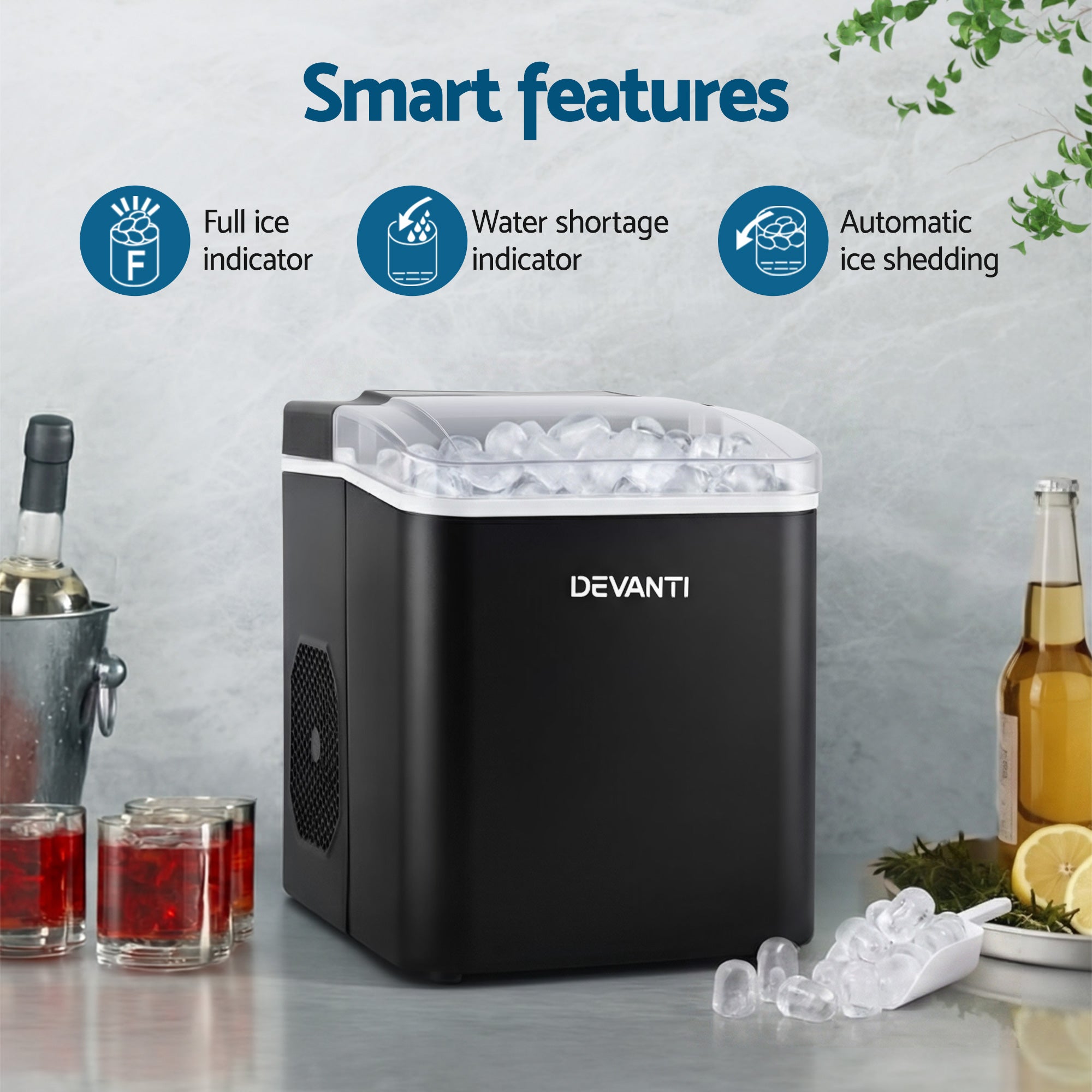 Ice Makers: Devanti Ice Maker Machine Portable 12kg Countertop w/Self Cleaning 1.2L Black