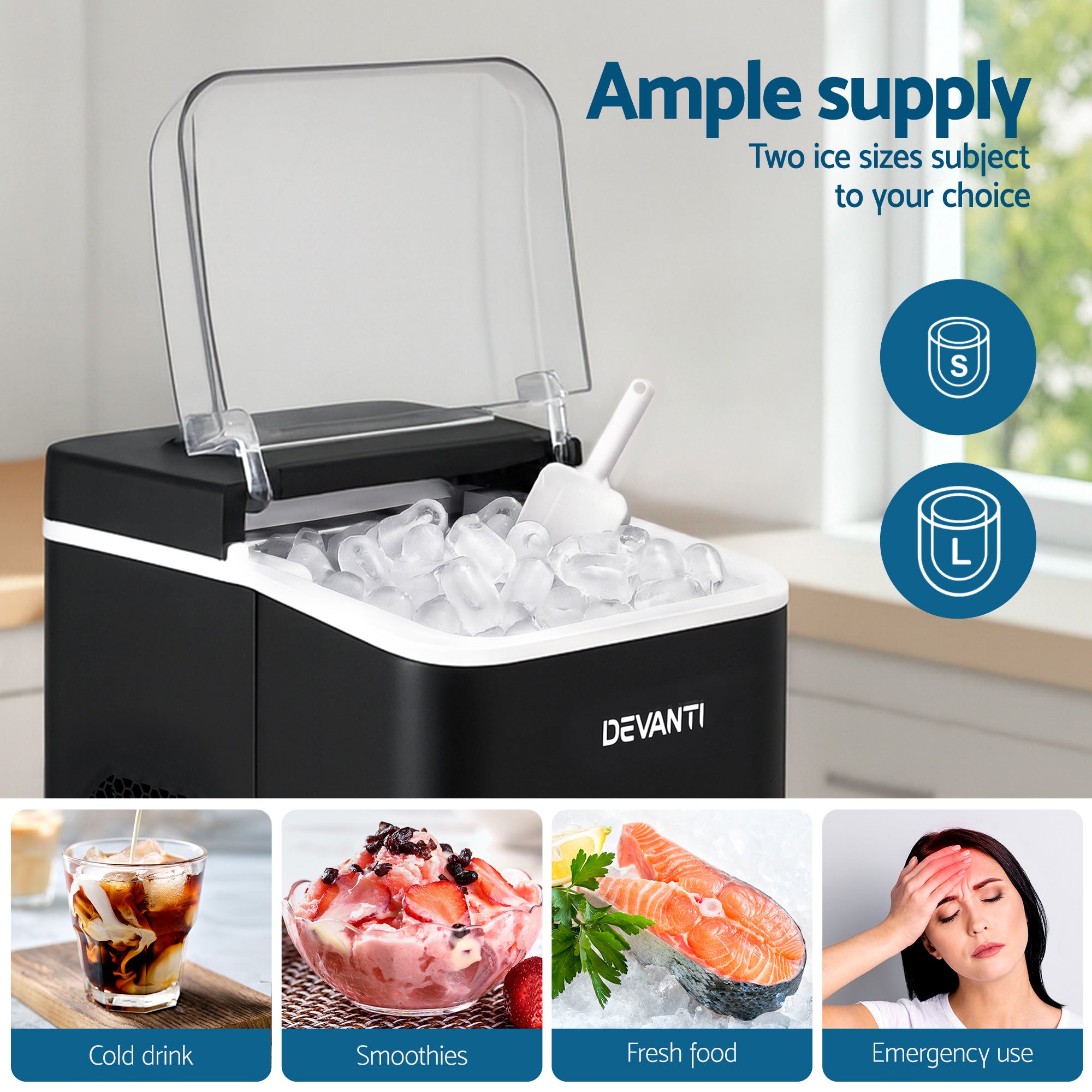 Ice Makers: Devanti Ice Maker Machine Portable 12kg Countertop w/Self Cleaning 1.2L Black