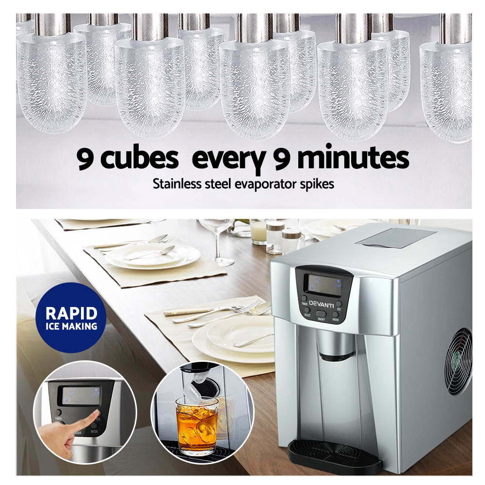 Ice Makers: Devanti 2L Portable Ice Cuber Maker & Water Dispenser - Silver