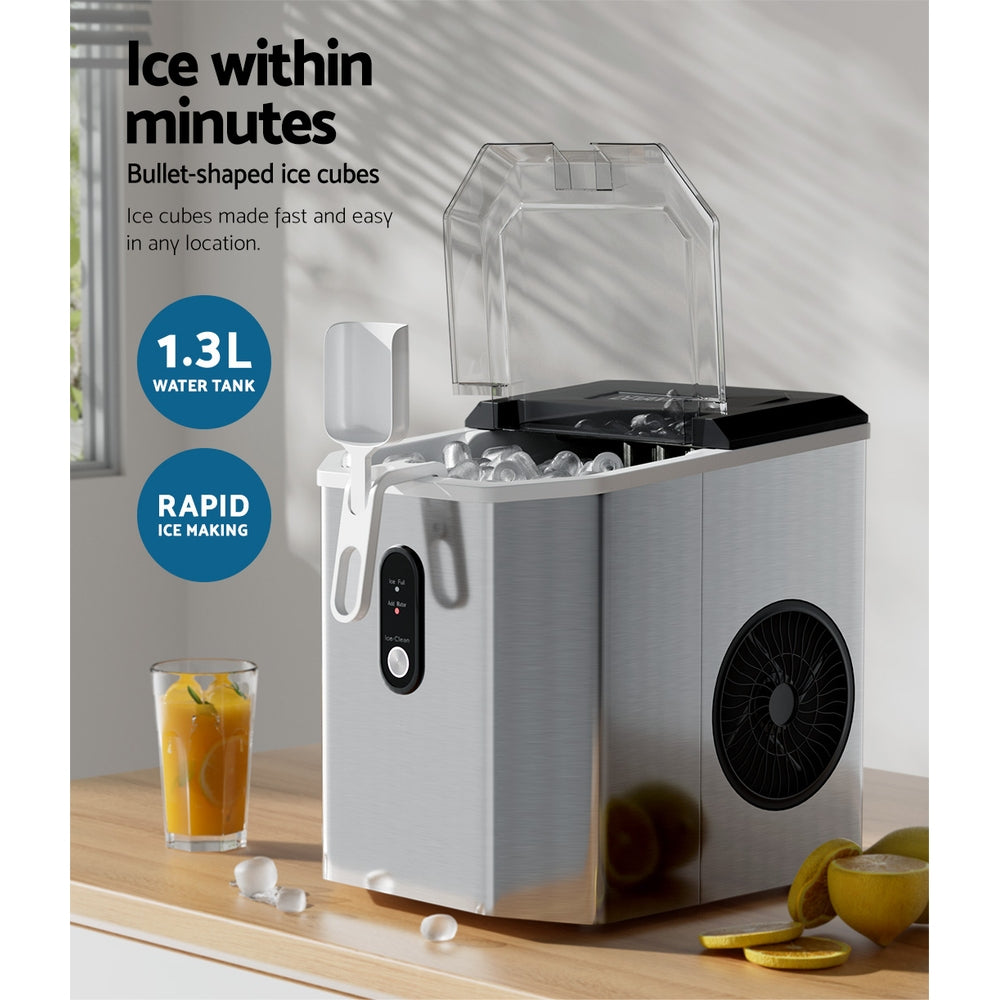 Ice Makers: Devanti Portable Ice Maker Machine Ice Cube 12kg Bar Countertop Stainless Steel