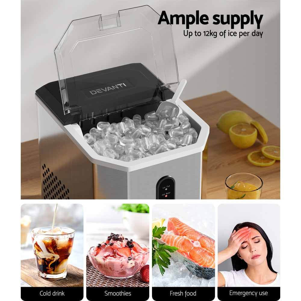 Ice Makers: Devanti Portable Ice Maker Machine Ice Cube 12kg Bar Countertop Stainless Steel