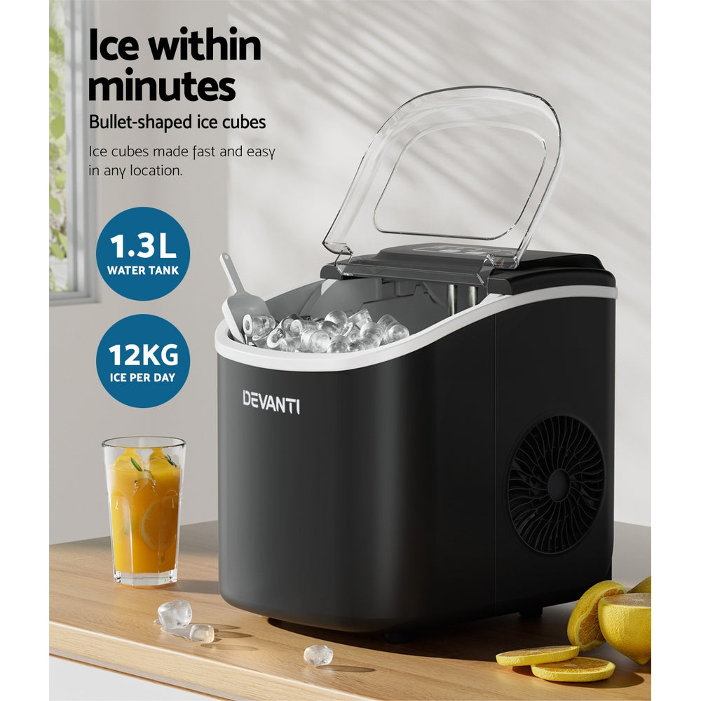 Ice Makers: Devanti Portable Ice Maker Machine Ice Cube Tray 12kg Bar Countertop Black