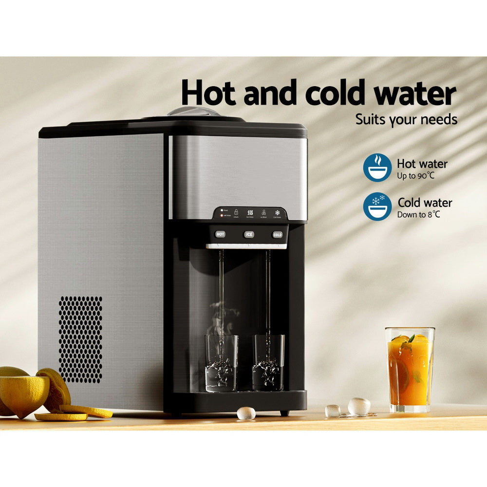 Ice Makers: Devanti 20kg 3 in 1 Ice Maker Machine Cold and Hot Water Dispenser 3L Silver