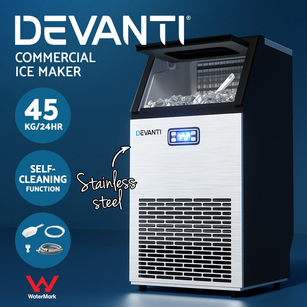 Ice Makers: Devanti Commercial Ice Maker Machine 45kg Ice Cube Tray Bar Stainless Steel