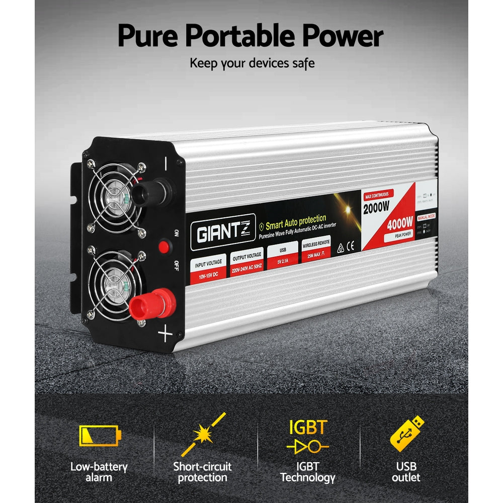 Batteries & Generators: Giantz Power Inverter 2000W or 4000W Pure Sine Wave 12V-240V Camping Boat Caravan