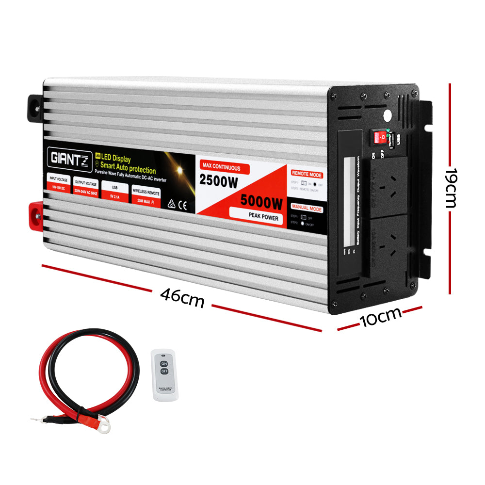 Batteries & Generators: Giantz Power Inverter 12V to 240V 2500W/5000W Pure Sine Wave Camping Car Boat