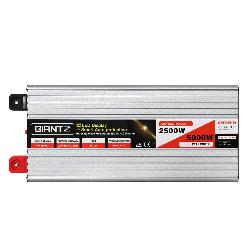 Batteries & Generators: Giantz Power Inverter 12V to 240V 2500W/5000W Pure Sine Wave Camping Car Boat