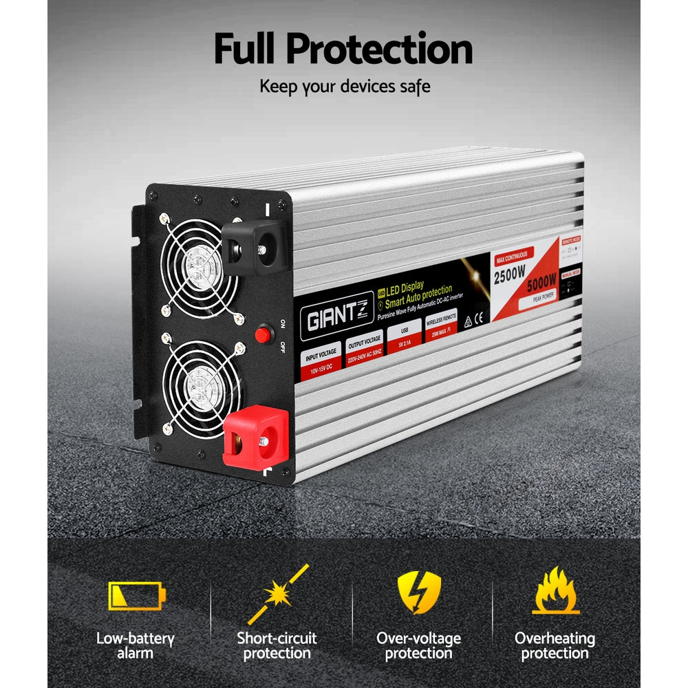 Batteries & Generators: Giantz Power Inverter 12V to 240V 2500W/5000W Pure Sine Wave Camping Car Boat