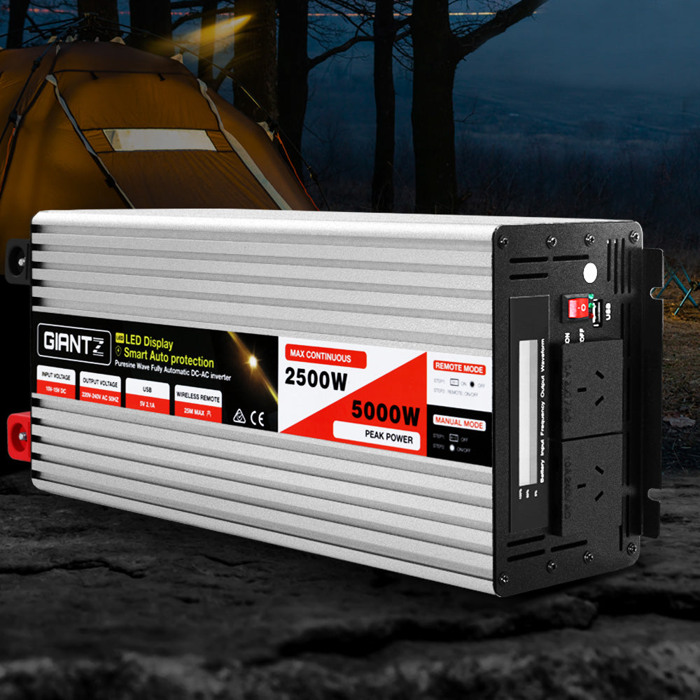 Batteries & Generators: Giantz Power Inverter 12V to 240V 2500W/5000W Pure Sine Wave Camping Car Boat