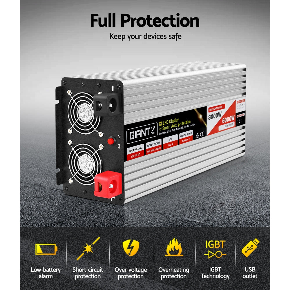 Batteries & Generators: Giantz Power Inverter 3000W or 6000W Pure Sine Wave 12V-240V Camping Boat Caravan