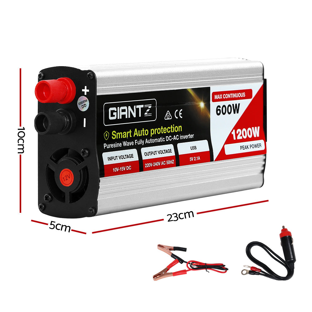 Batteries & Generators: Giantz Power Inverter 600W/1200W 12V to 240V Pure Sine Wave Camping Car Boat