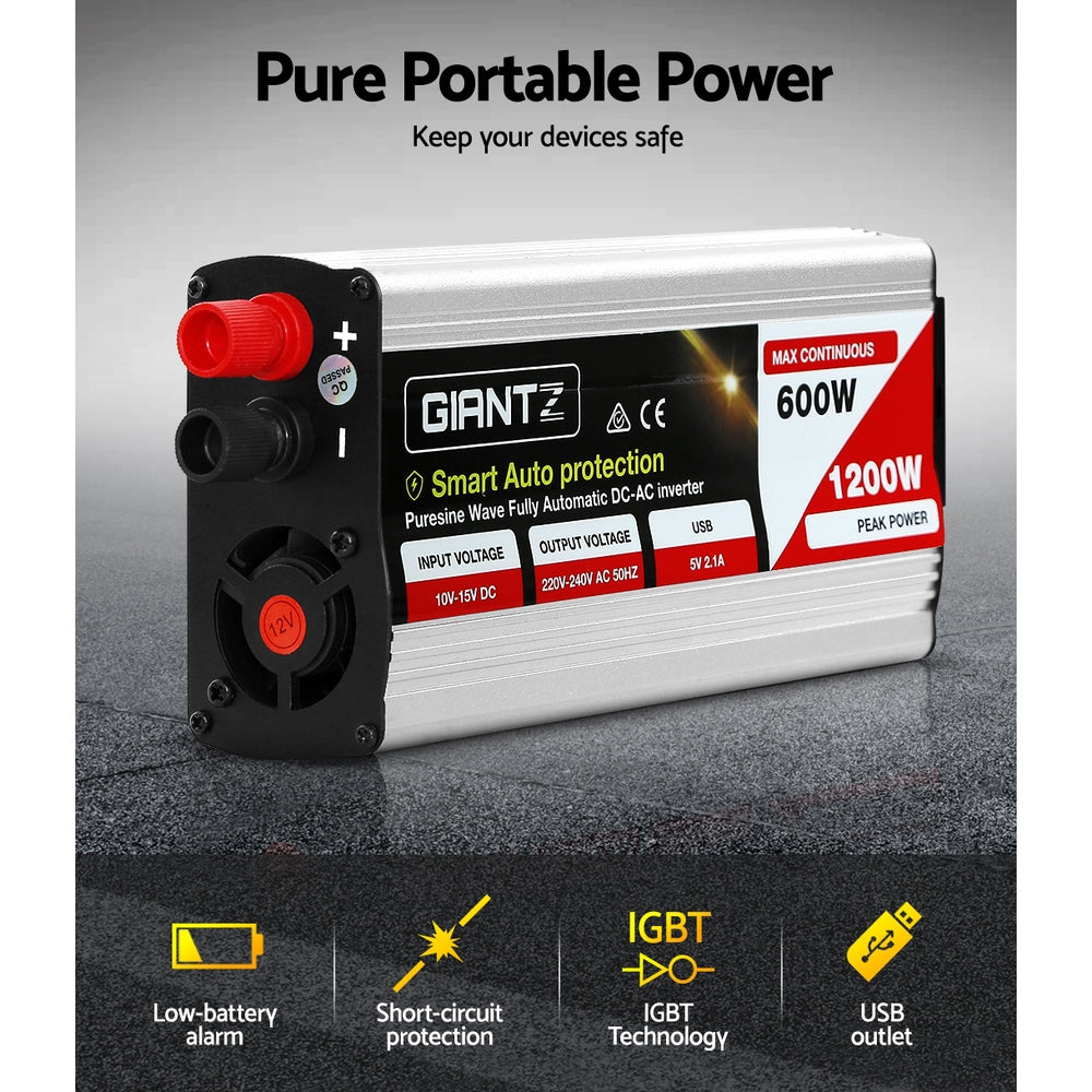 Batteries & Generators: Giantz Power Inverter 600W/1200W 12V to 240V Pure Sine Wave Camping Car Boat