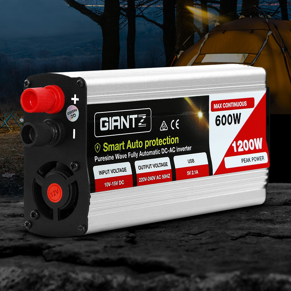 Batteries & Generators: Giantz Power Inverter 600W/1200W 12V to 240V Pure Sine Wave Camping Car Boat
