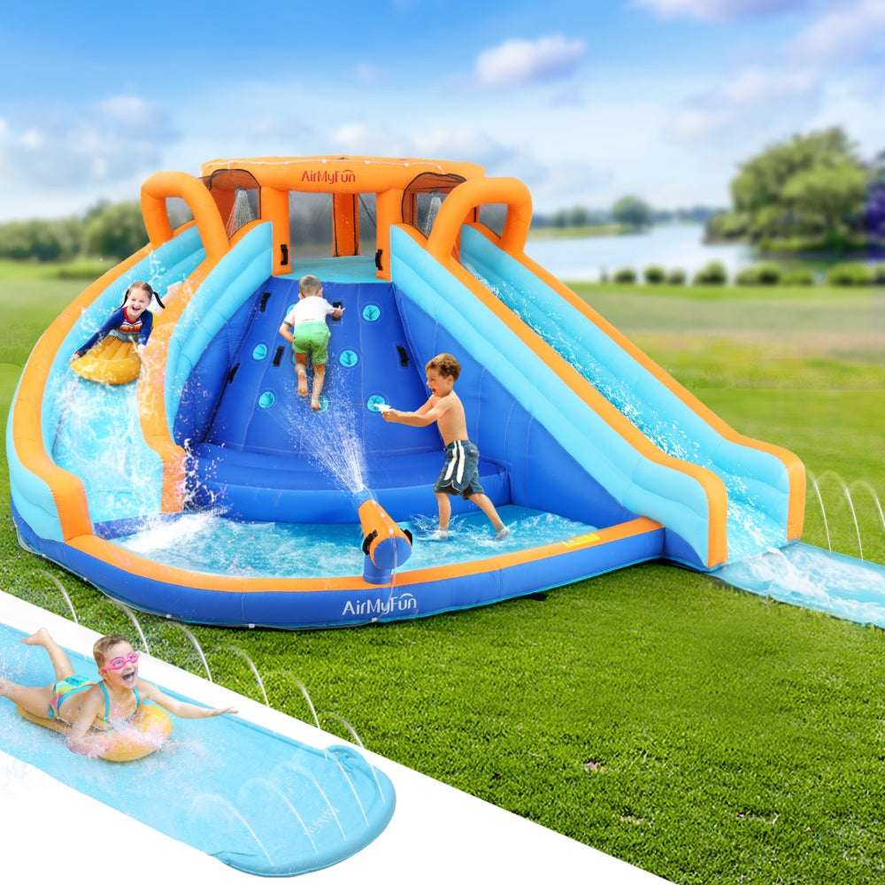 Outdoor Play Equipment: AirMyFun Kids Inflatable Pool Water Double Slide Park Jumping Castle 465X390CM