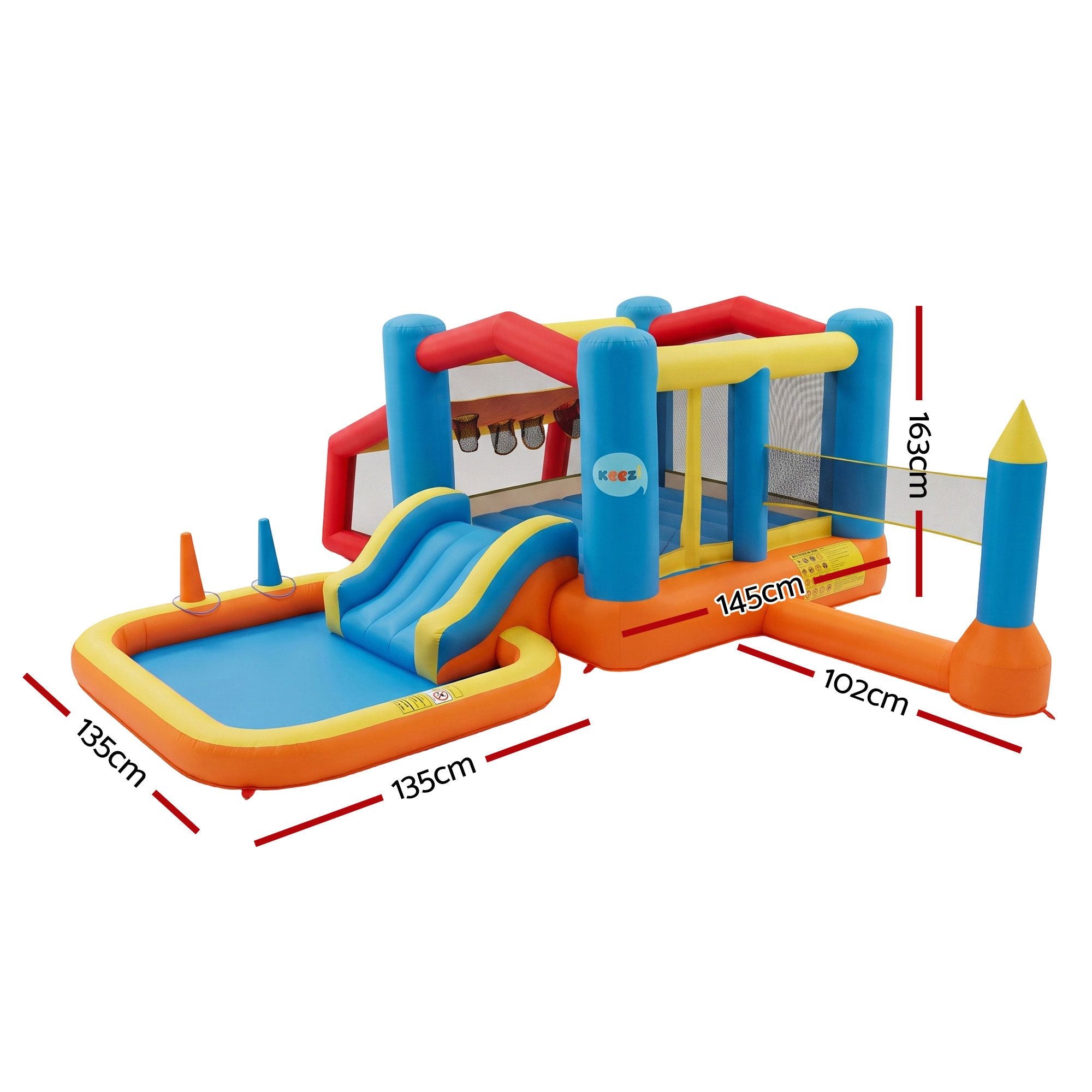 Keezi Inflatable Kids Pool Play Park Jumping Castle Volleyball Net with Blower Balls 4mx4.37m