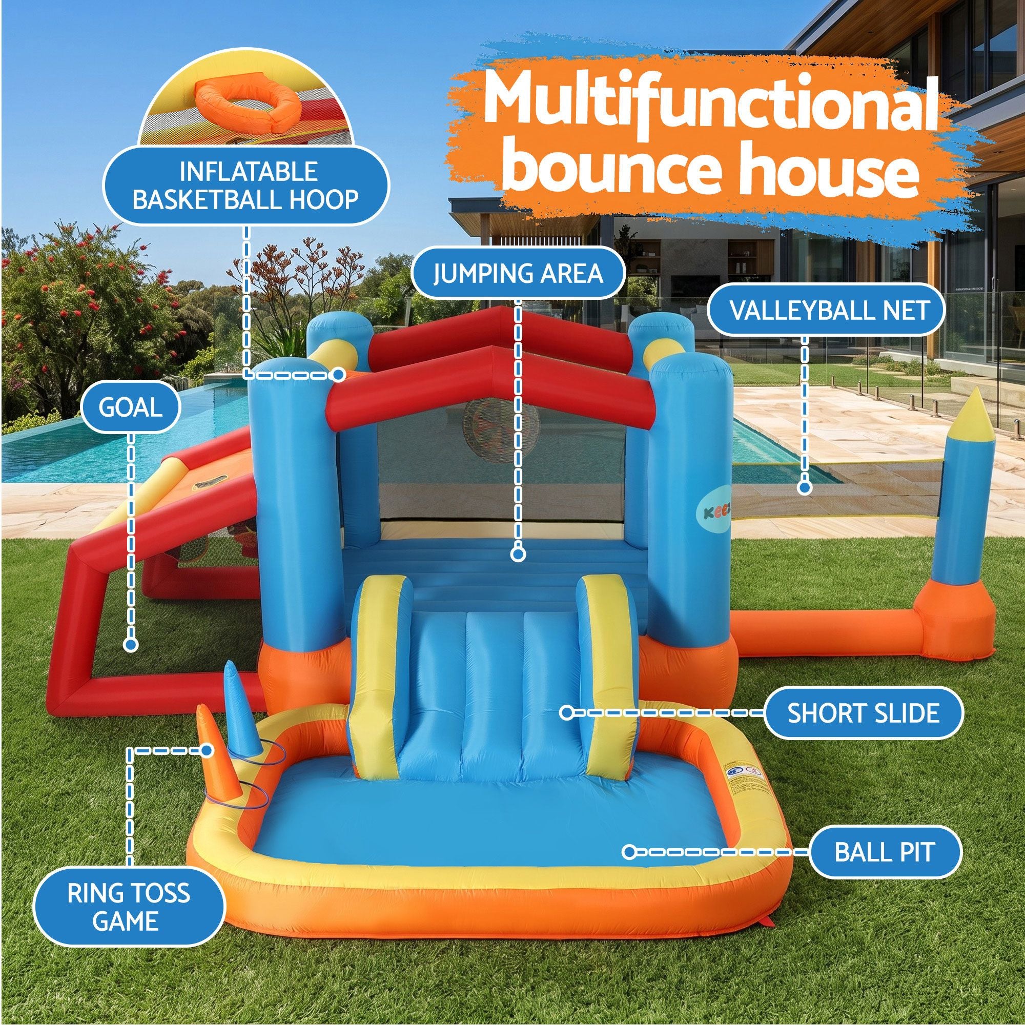 Keezi Inflatable Kids Pool Play Park Jumping Castle Volleyball Net with Blower Balls 4mx4.37m