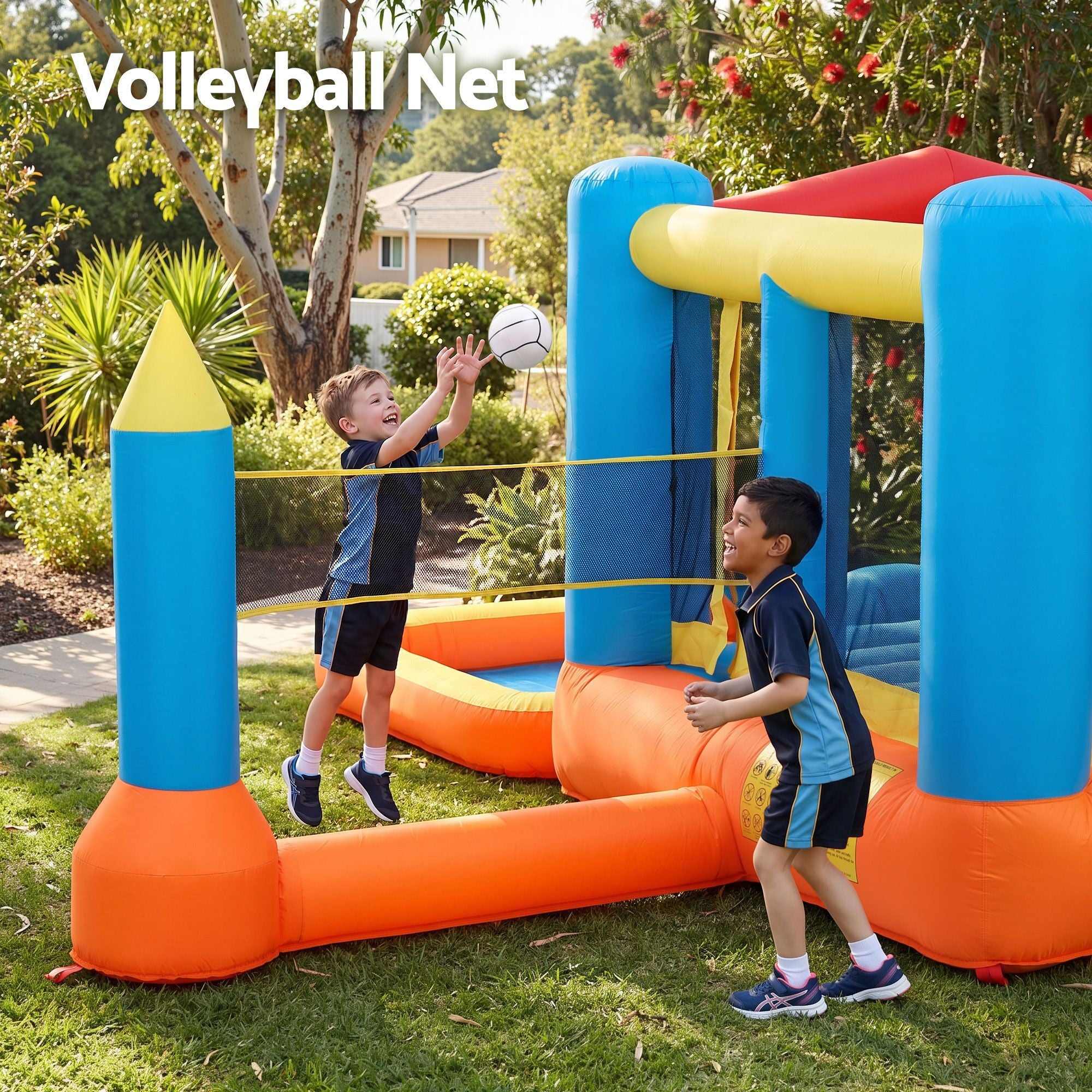 Keezi Inflatable Kids Pool Play Park Jumping Castle Volleyball Net with Blower Balls 4mx4.37m