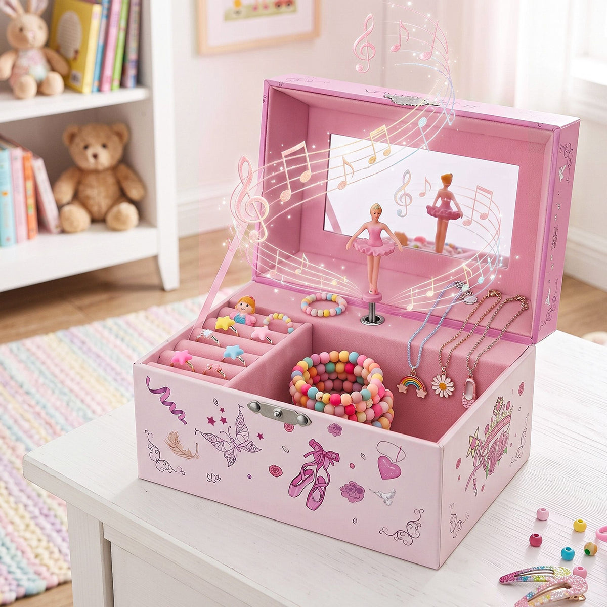 Keezi Kids Jewellery Box Organiser for Girls Kids Music, Pink