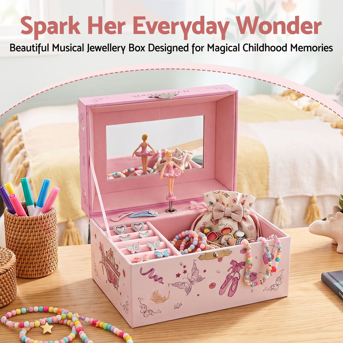 Keezi Kids Jewellery Box Organiser for Girls Kids Music, Pink