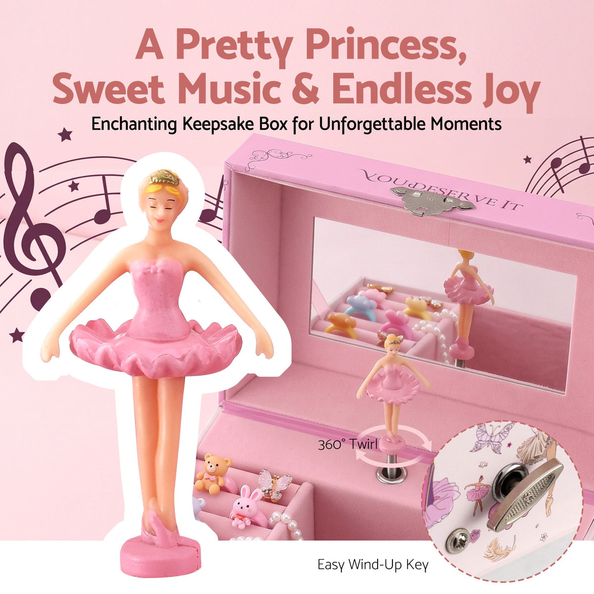 Keezi Kids Jewellery Box Organiser for Girls Kids Music, Pink