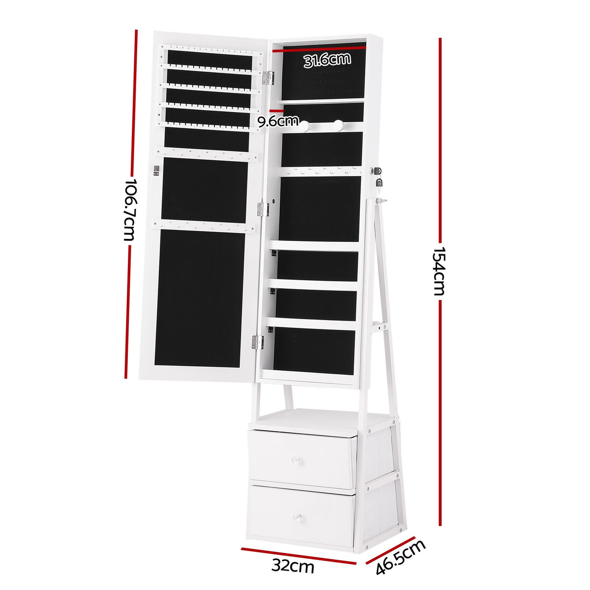 Artiss Lockable Jewelry Armoire with Mirror, Freestanding Organizer Cabinet with Drawers, White